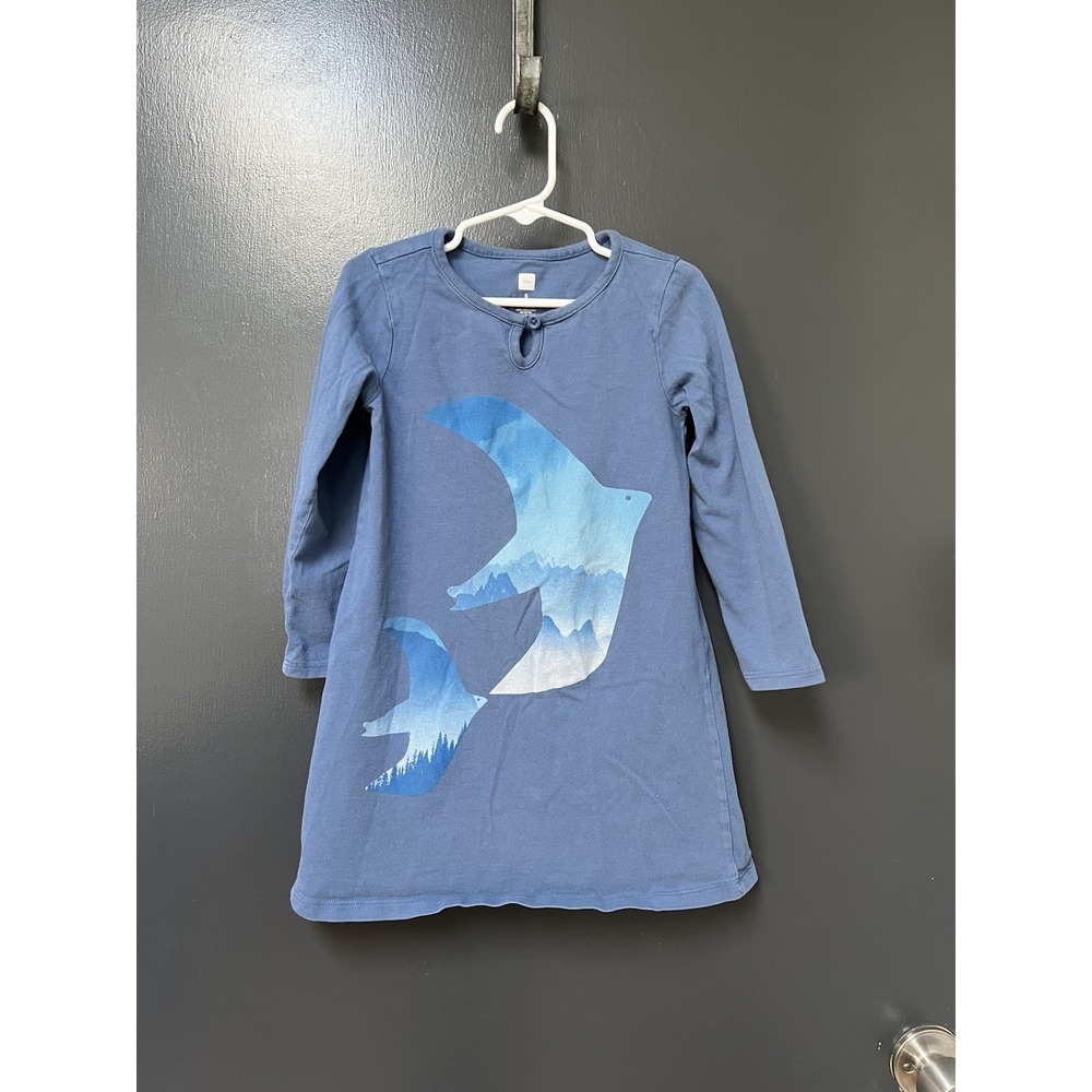 TEA COLLECTION Navy Blue Birds Tree Sky Long Sleeve Dress Girls Sz 5